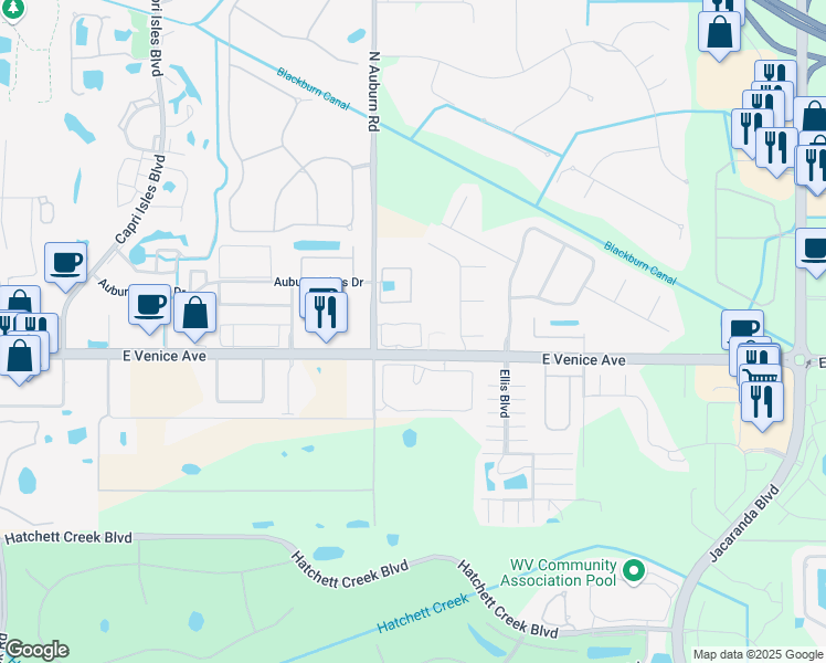 map of restaurants, bars, coffee shops, grocery stores, and more near 600 Mirabella Circle in Venice