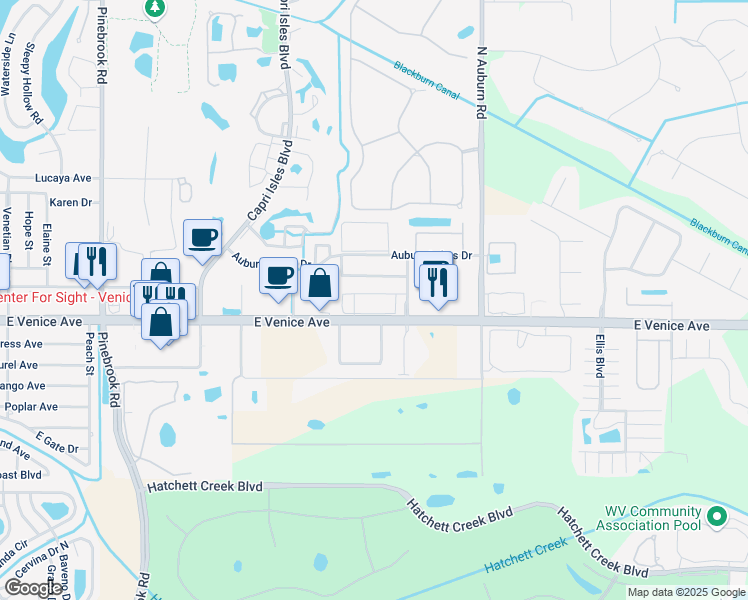 map of restaurants, bars, coffee shops, grocery stores, and more near 6202 L Pavia Boulevard in Venice