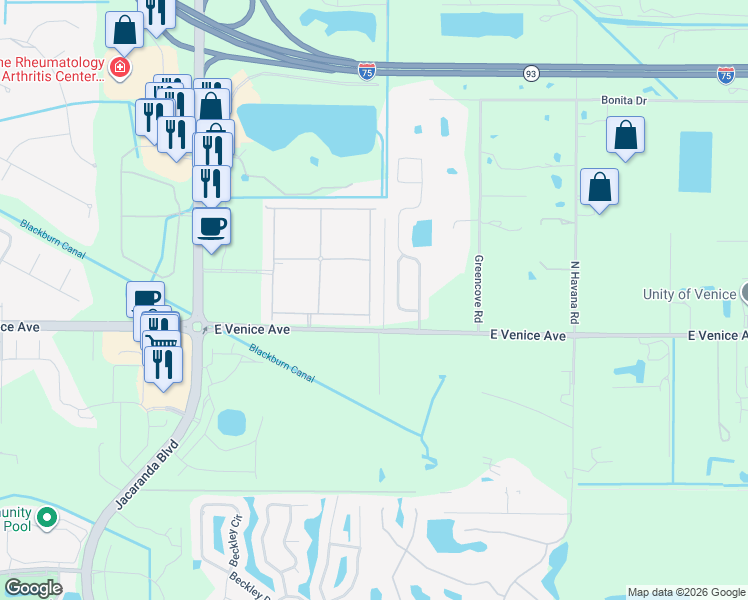 map of restaurants, bars, coffee shops, grocery stores, and more near 19396 Bluff Drive in Venice
