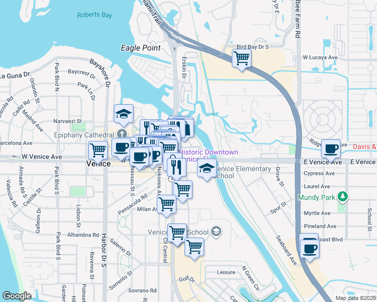 map of restaurants, bars, coffee shops, grocery stores, and more near 138 Tampa Avenue East in Venice