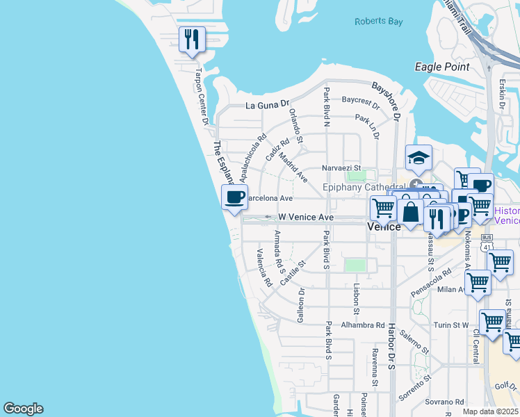 map of restaurants, bars, coffee shops, grocery stores, and more near in Venice