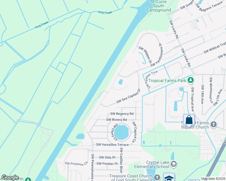 map of restaurants, bars, coffee shops, grocery stores, and more near 2650 Southwest Windship Way in Stuart
