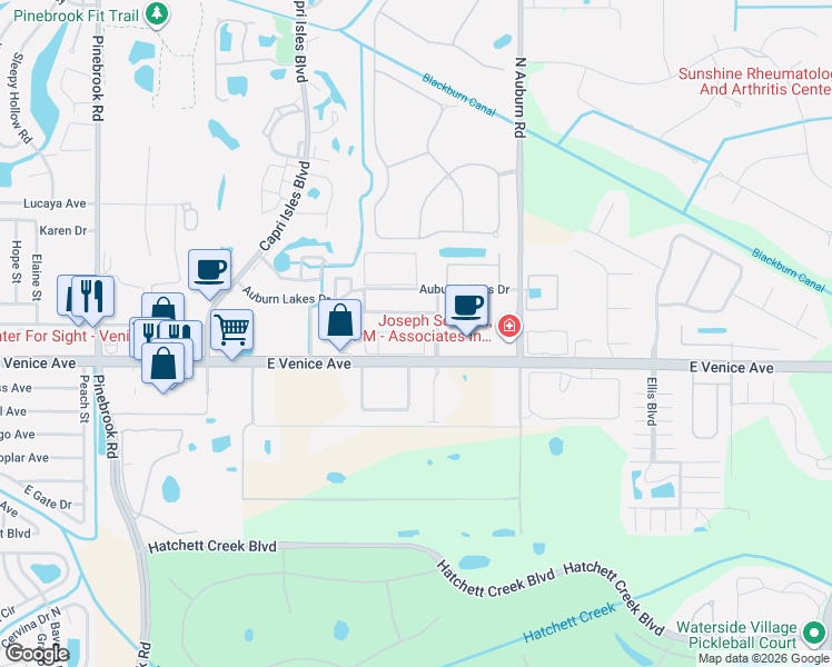 map of restaurants, bars, coffee shops, grocery stores, and more near 6202 L Pavia Boulevard in Venice