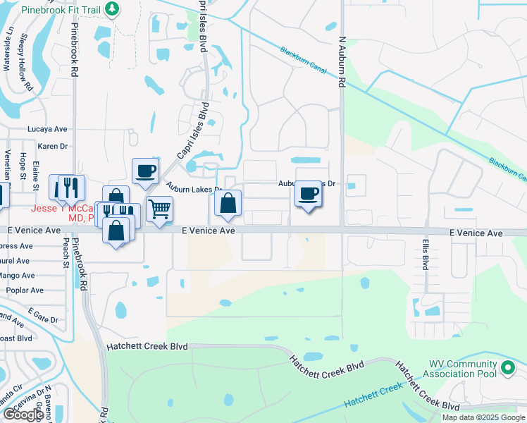 map of restaurants, bars, coffee shops, grocery stores, and more near 6202 L Pavia Boulevard in Venice