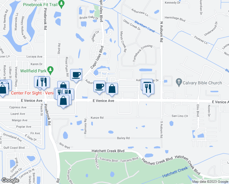 map of restaurants, bars, coffee shops, grocery stores, and more near 9203 L Pavia Boulevard in Venice