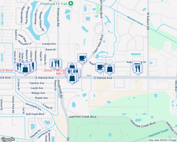 map of restaurants, bars, coffee shops, grocery stores, and more near 1420 East Venice Avenue in Venice