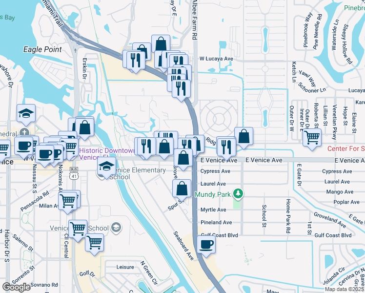 map of restaurants, bars, coffee shops, grocery stores, and more near 201 Grove Street North in Venice