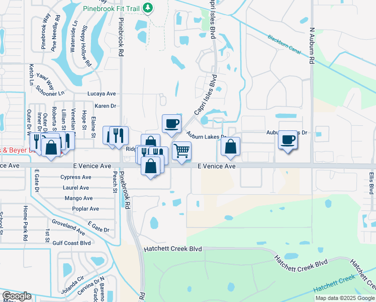 map of restaurants, bars, coffee shops, grocery stores, and more near 1420 East Venice Avenue in Venice