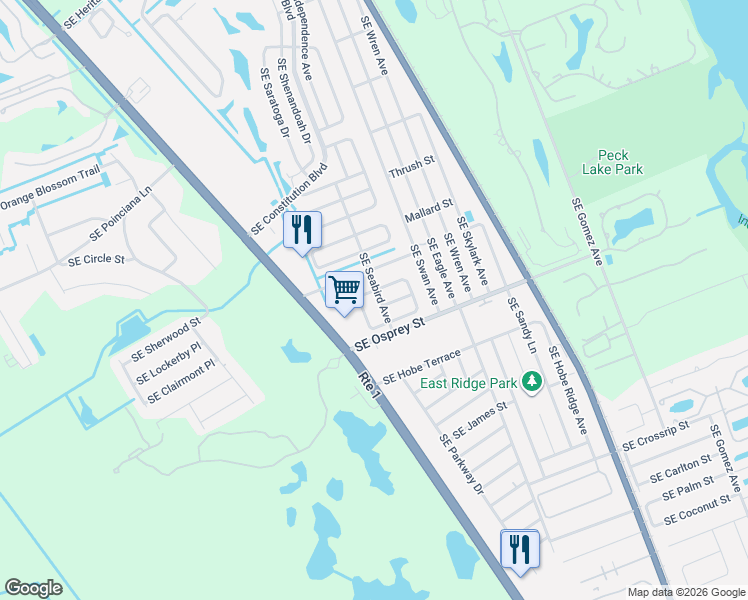 map of restaurants, bars, coffee shops, grocery stores, and more near 7336 Southeast Redbird Circle in Hobe Sound