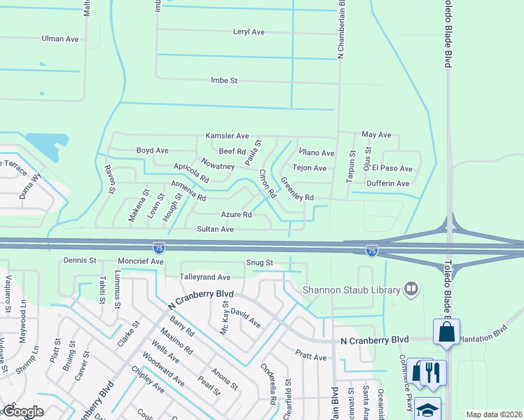 map of restaurants, bars, coffee shops, grocery stores, and more near 2109 Azure Road in North Port