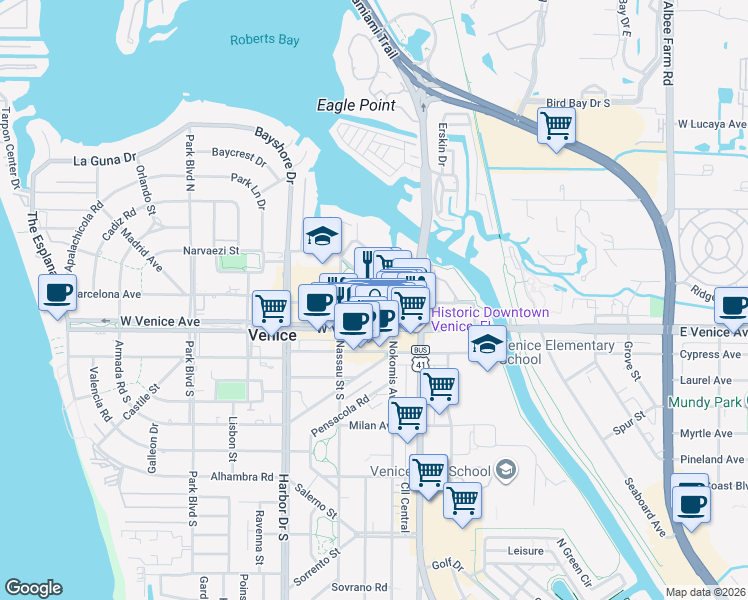 map of restaurants, bars, coffee shops, grocery stores, and more near 238 Tampa Avenue West in Venice