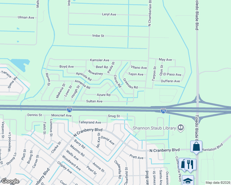 map of restaurants, bars, coffee shops, grocery stores, and more near 2109 Azure Road in North Port