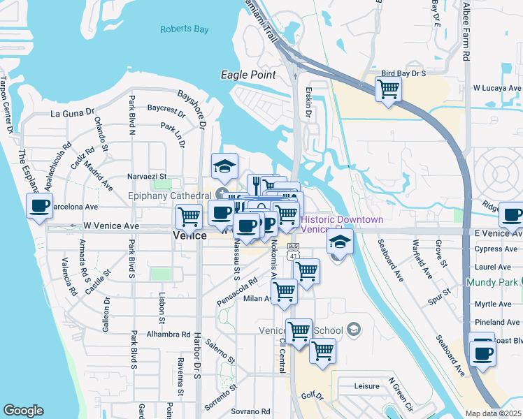 map of restaurants, bars, coffee shops, grocery stores, and more near 230b Tampa Avenue West in Venice