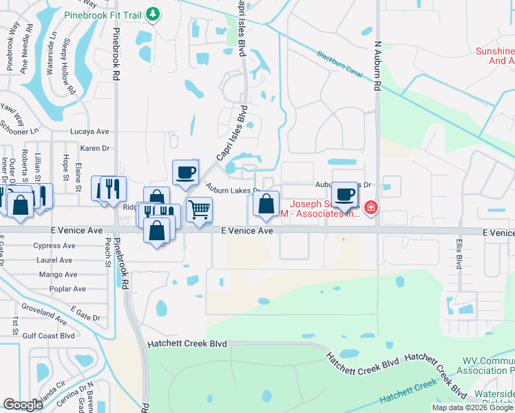 map of restaurants, bars, coffee shops, grocery stores, and more near 1550 East Venice Avenue in Venice