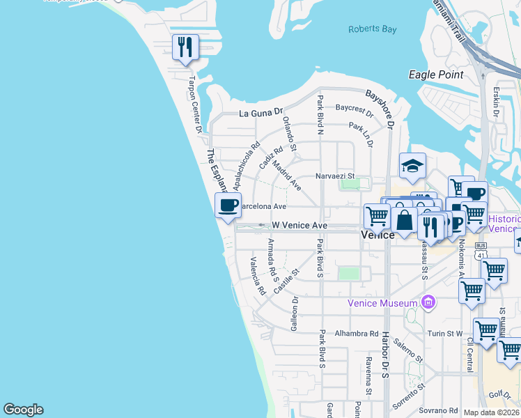 map of restaurants, bars, coffee shops, grocery stores, and more near in Venice