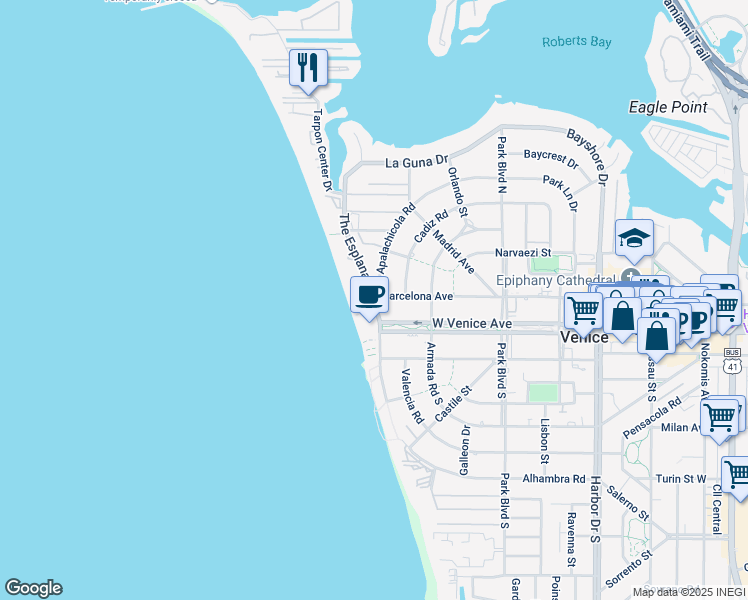 map of restaurants, bars, coffee shops, grocery stores, and more near 100 The Esplanade North in Venice