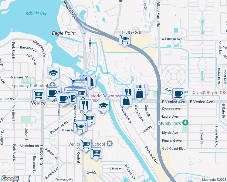 map of restaurants, bars, coffee shops, grocery stores, and more near 303 East Venice Avenue in Venice