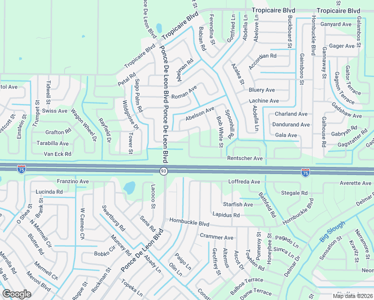 map of restaurants, bars, coffee shops, grocery stores, and more near 5092 Birdsong Street in North Port