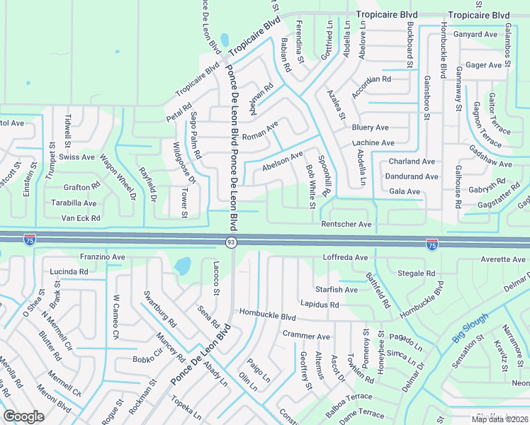 map of restaurants, bars, coffee shops, grocery stores, and more near 5092 Birdsong Street in North Port