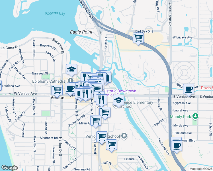 map of restaurants, bars, coffee shops, grocery stores, and more near 138 Tampa Avenue East in Venice