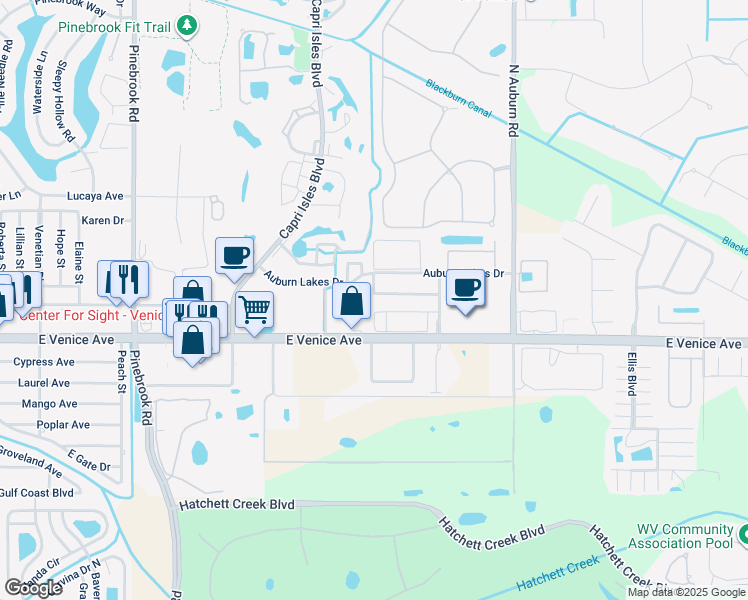 map of restaurants, bars, coffee shops, grocery stores, and more near 9203 L Pavia Boulevard in Venice