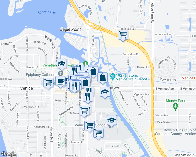 map of restaurants, bars, coffee shops, grocery stores, and more near 138 Tampa Avenue East in Venice