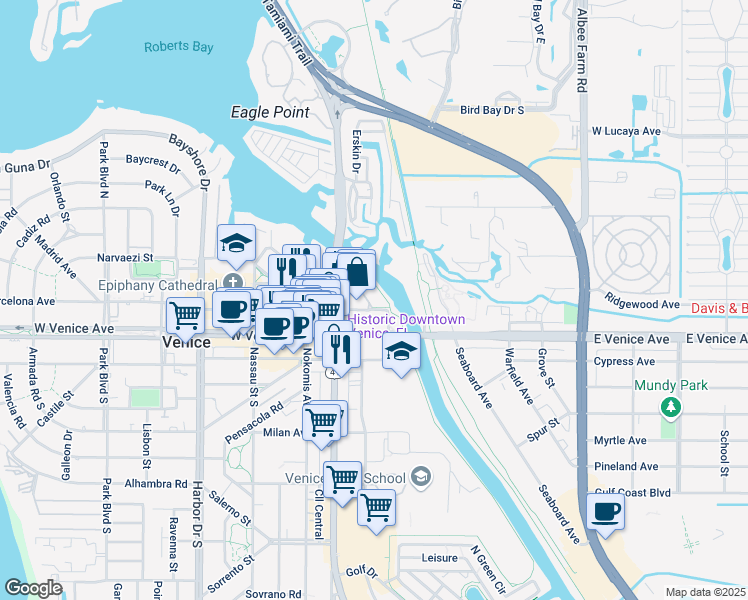 map of restaurants, bars, coffee shops, grocery stores, and more near 138 Tampa Avenue East in Venice