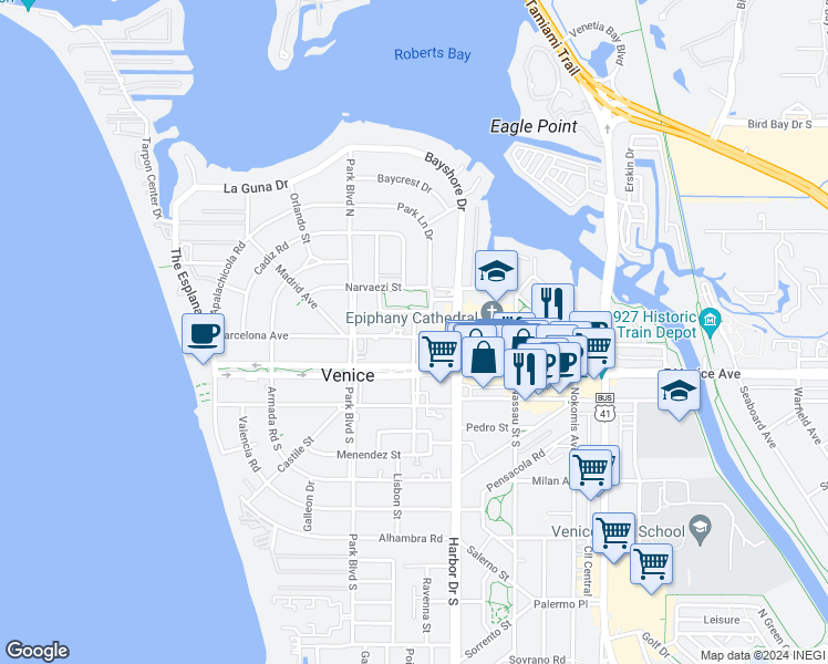 map of restaurants, bars, coffee shops, grocery stores, and more near 203 Avenue Des Parques in Venice