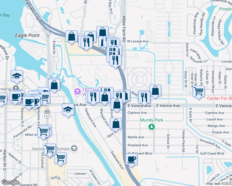 map of restaurants, bars, coffee shops, grocery stores, and more near 201 Grove Street North in Venice