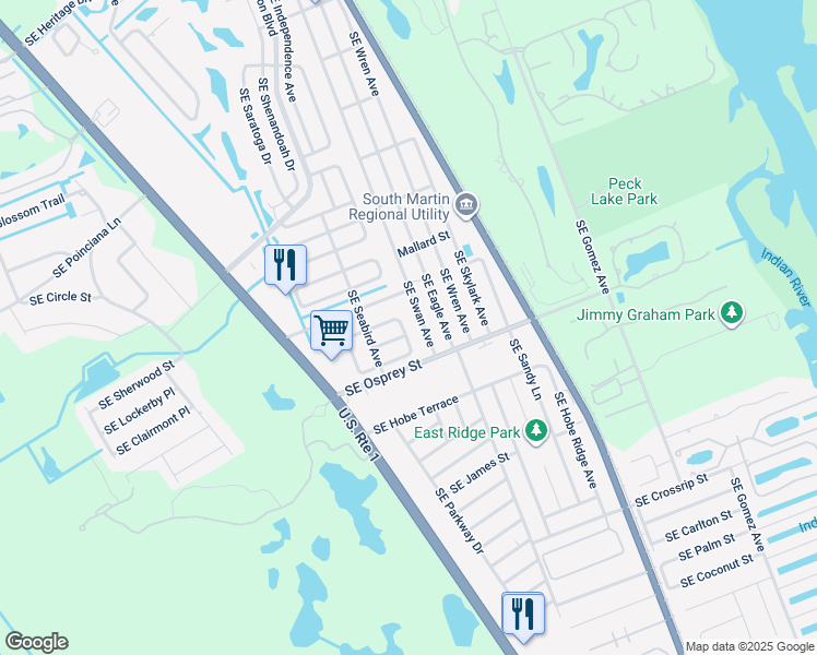 map of restaurants, bars, coffee shops, grocery stores, and more near 7189 Southeast Redbird Circle in Hobe Sound