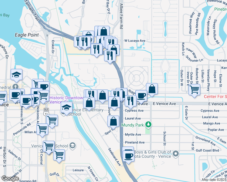 map of restaurants, bars, coffee shops, grocery stores, and more near 500 Hauser Lane in Venice