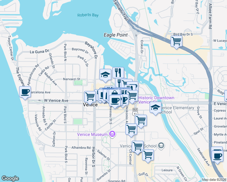 map of restaurants, bars, coffee shops, grocery stores, and more near 200 Nassau Street North in Venice