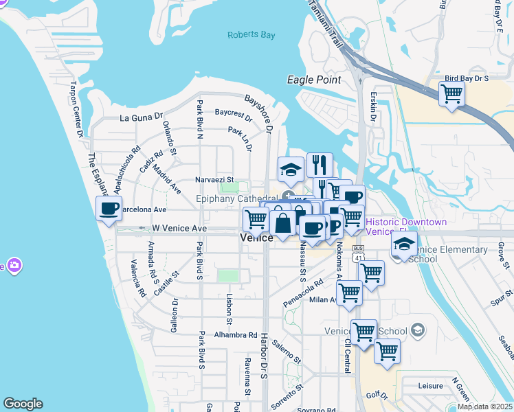 map of restaurants, bars, coffee shops, grocery stores, and more near 404 Barcelona Avenue in Venice