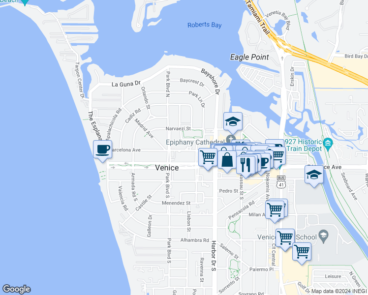 map of restaurants, bars, coffee shops, grocery stores, and more near 514 Barcelona Avenue in Venice