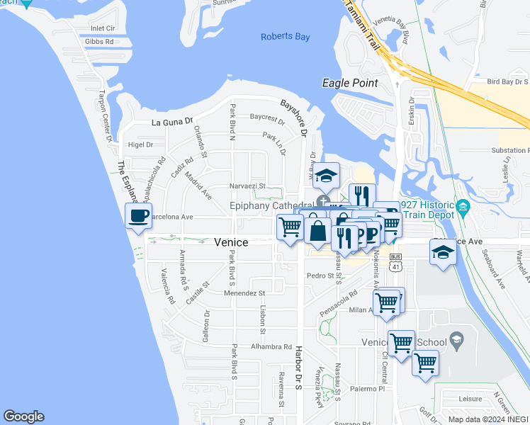 map of restaurants, bars, coffee shops, grocery stores, and more near 505 Manatee Court in Venice