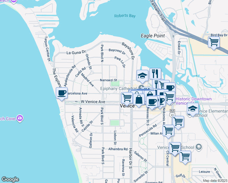 map of restaurants, bars, coffee shops, grocery stores, and more near 505 Manatee Court in Venice
