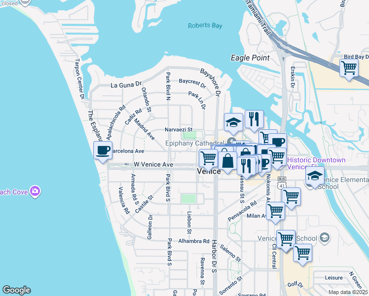 map of restaurants, bars, coffee shops, grocery stores, and more near 525 Manatee Court in Venice