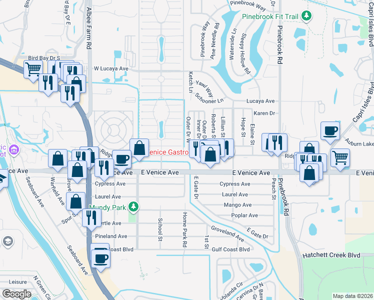 map of restaurants, bars, coffee shops, grocery stores, and more near 223 Outer Drive East in Venice
