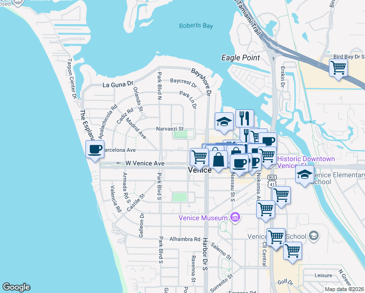 map of restaurants, bars, coffee shops, grocery stores, and more near 505 Manatee Court in Venice