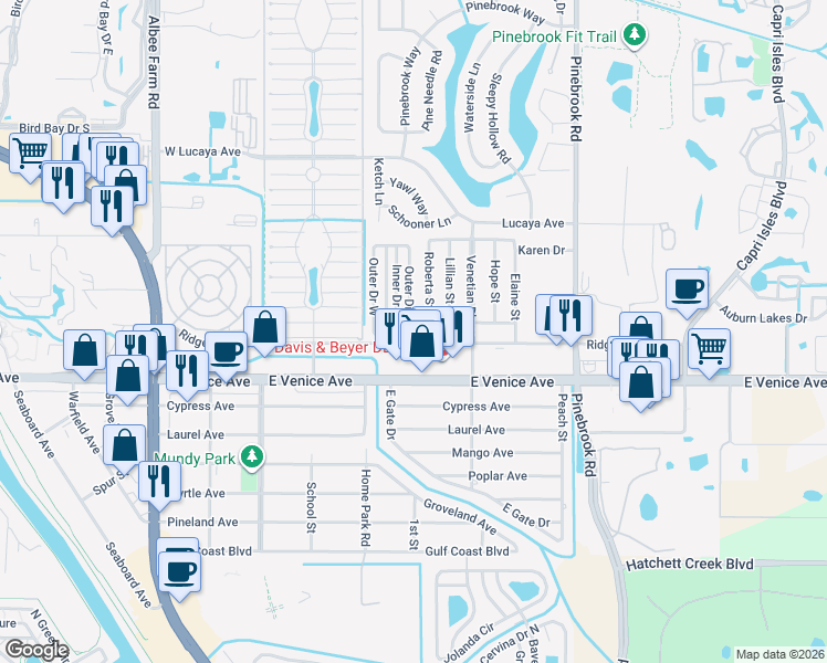 map of restaurants, bars, coffee shops, grocery stores, and more near 217 Outer Drive East in Venice