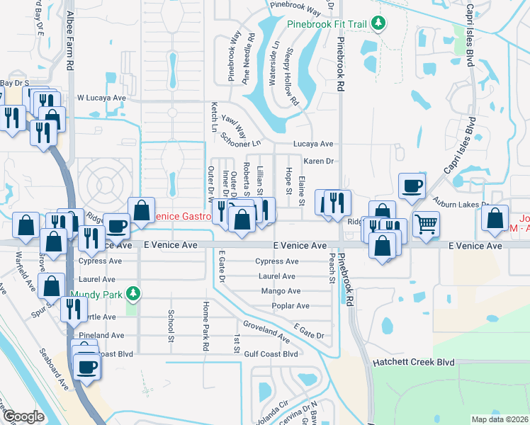 map of restaurants, bars, coffee shops, grocery stores, and more near 1016 Barbara Drive in Venice