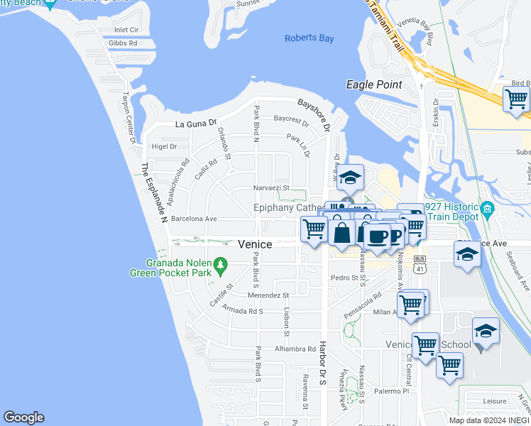 map of restaurants, bars, coffee shops, grocery stores, and more near 208 Park Boulevard North in Venice