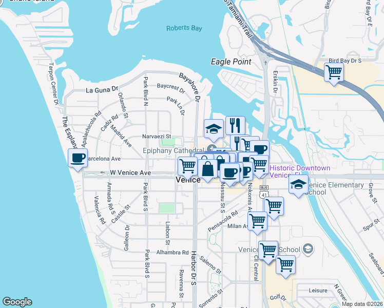 map of restaurants, bars, coffee shops, grocery stores, and more near 205 Harbor Drive South in Venice