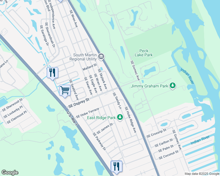 map of restaurants, bars, coffee shops, grocery stores, and more near 8393 Southeast Sandy Lane in Hobe Sound