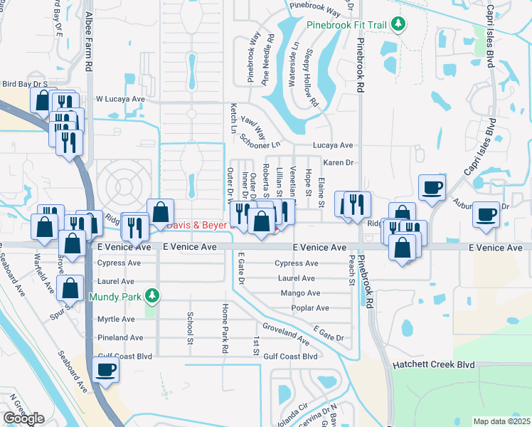 map of restaurants, bars, coffee shops, grocery stores, and more near 217 Outer Drive East in Venice