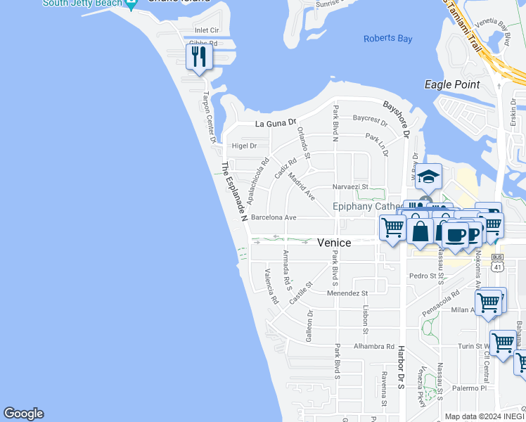 map of restaurants, bars, coffee shops, grocery stores, and more near 725 Cadiz Road in Venice