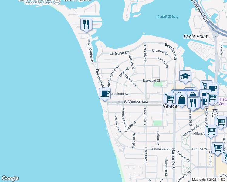 map of restaurants, bars, coffee shops, grocery stores, and more near 725 Cadiz Road in Venice
