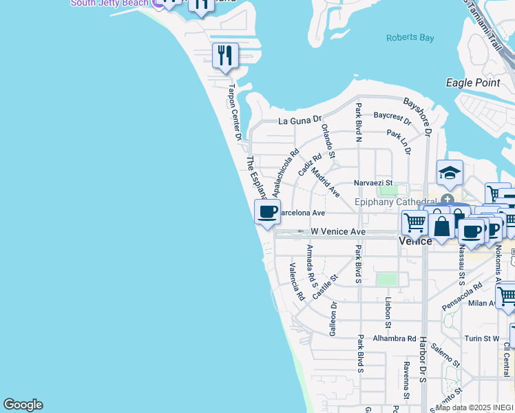 map of restaurants, bars, coffee shops, grocery stores, and more near 333 The Esplanade North in Venice