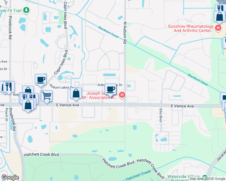 map of restaurants, bars, coffee shops, grocery stores, and more near 21 Auburn Lakes Drive in Venice