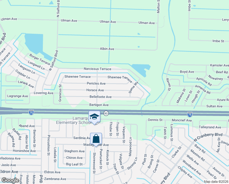 map of restaurants, bars, coffee shops, grocery stores, and more near 3271 Horace Avenue in North Port